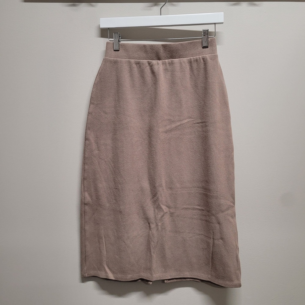 Old Navy Womens XS Petite Ribbed Knit Midi Skirt Mauve Taupe Back Slit T05-0015